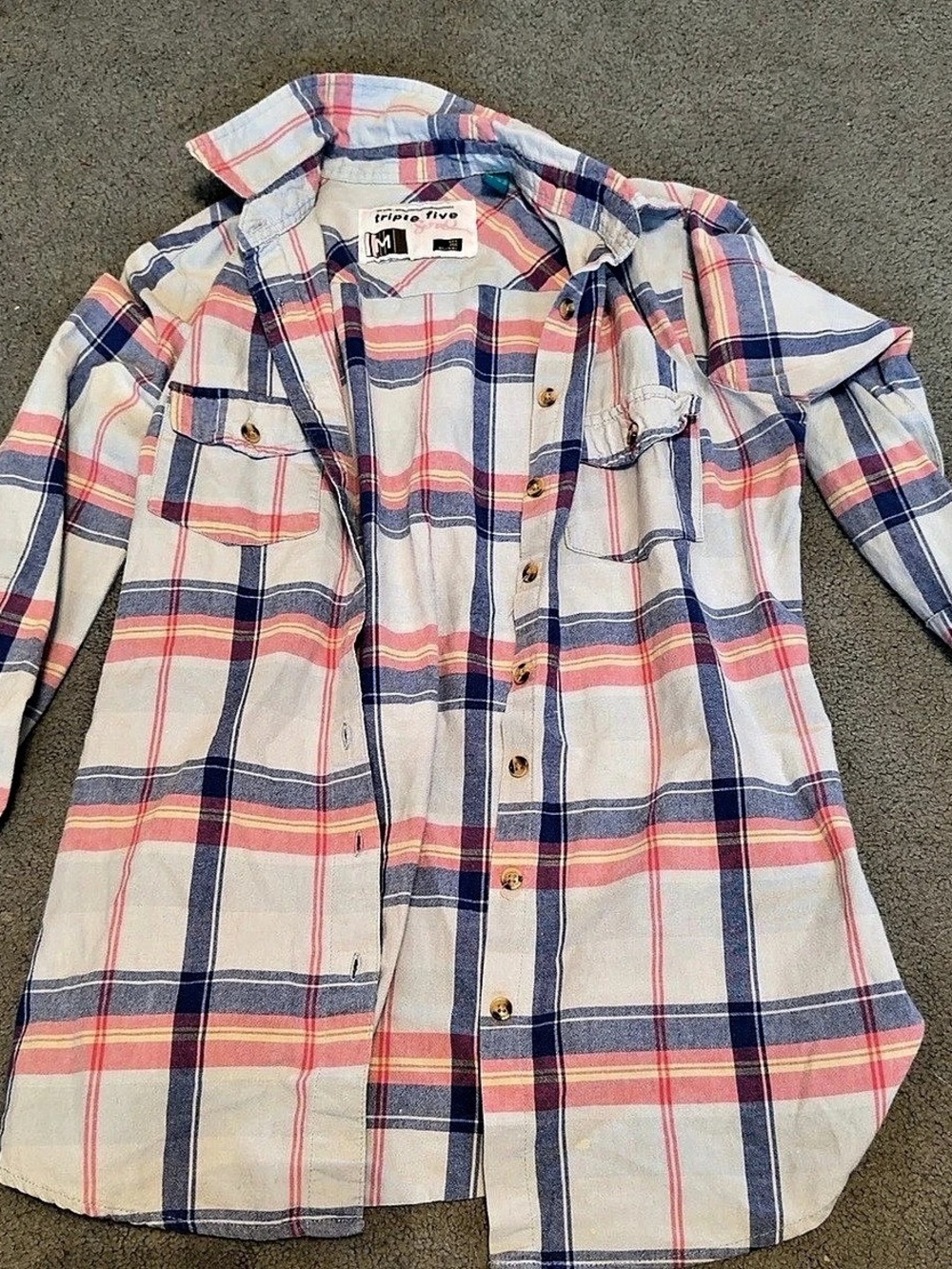 Triple Five Soul Plaid Button Down Shirt in Blue & Pink Size Medium Like New